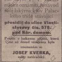 Inzerát Nuselský obzor 01.06.1913 Kverka Nusle 578